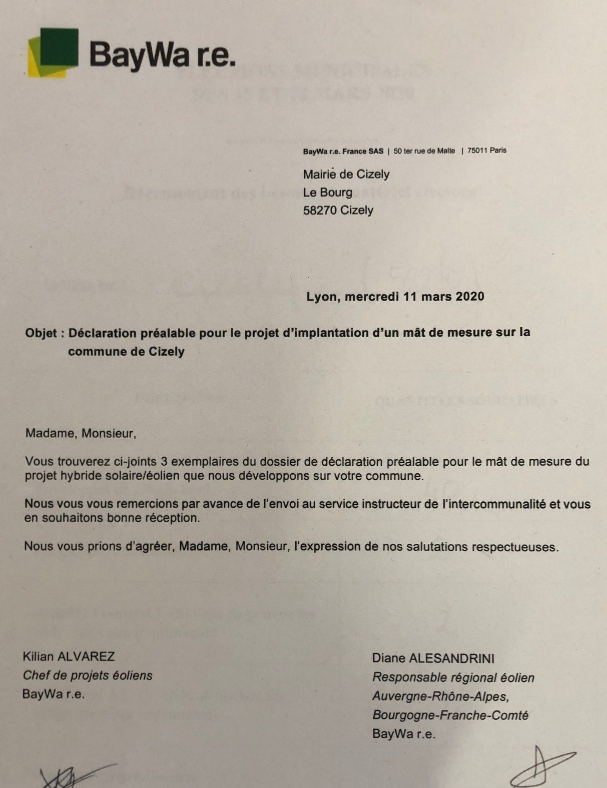 lettre BayWa solaire éolien